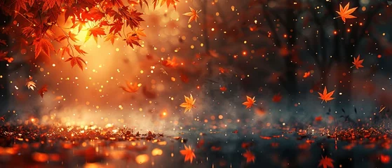 Fototapete Orange autumn forest with fallen leaves