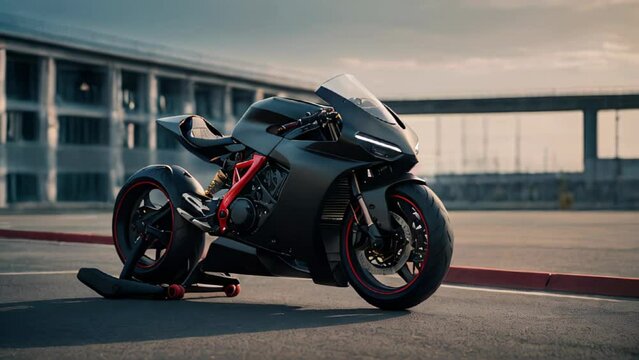 A black sports motorcycle is parked on a road.
