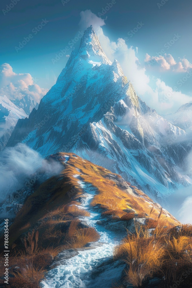 Poster Scenic view of a mountain with a stream running through it. Suitable for nature and landscape themes