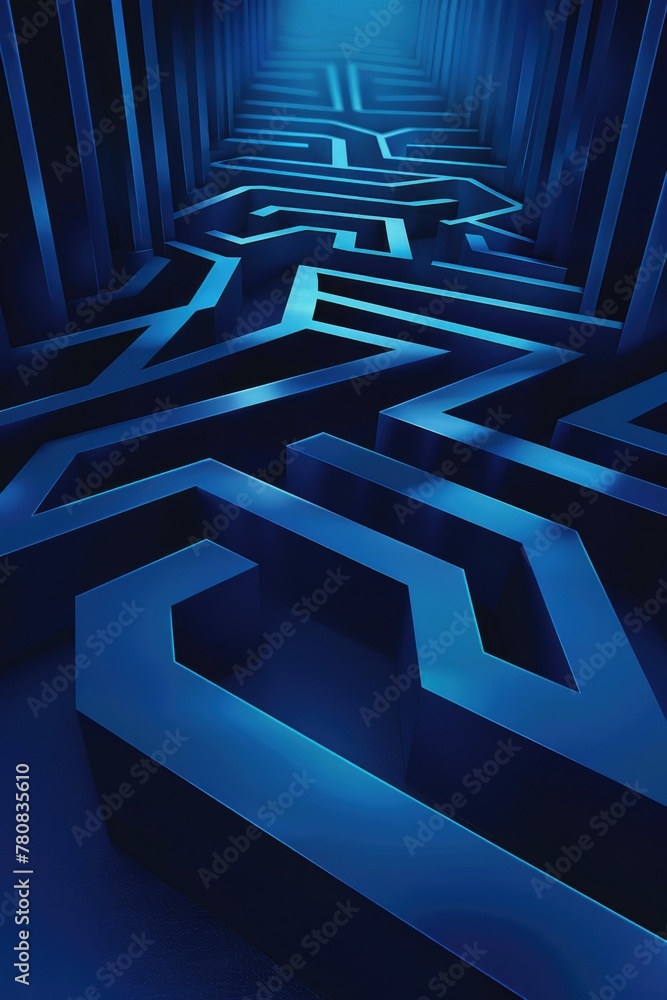 Poster A blue maze with a glowing light at the end. Suitable for concepts of finding a way out or overcoming obstacles