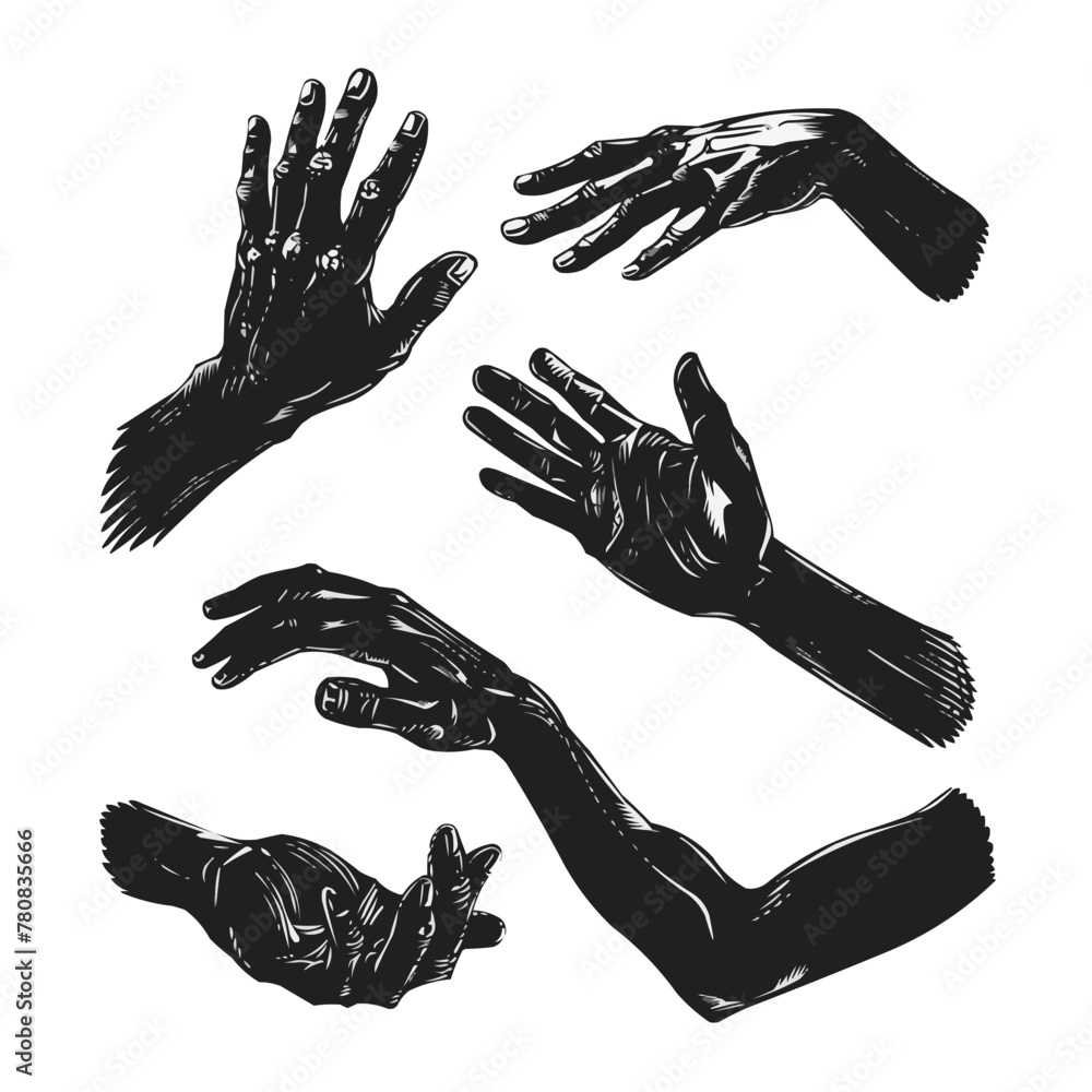 Poster hand drawn silhouettes hands in retro monochrome style. set different gestures isolated on white bac