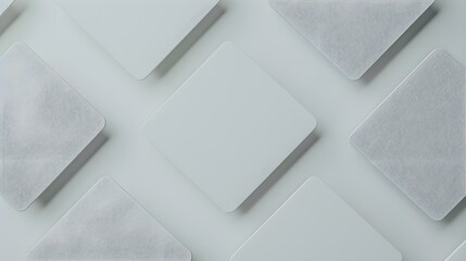 3d render, abstract white geometric background, minimal flat lay, twisted deck of square blank cards with rounded corners