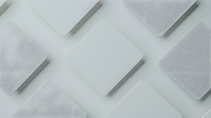 Obraz premium 3d render, abstract white geometric background, minimal flat lay, twisted deck of square blank cards with rounded corners