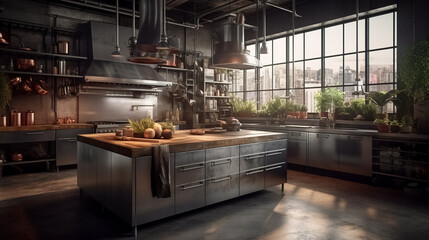 Industrial style kitchen with stainless steel appliances
