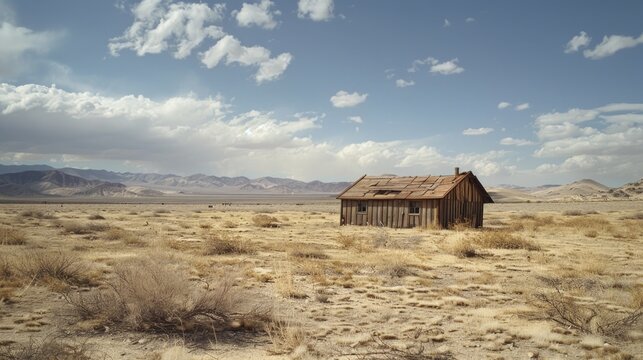 Small wooden shack in a desert with mountains in the background. Suitable for travel brochures