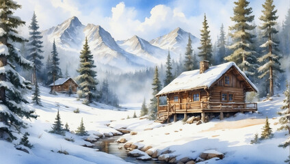 Obraz na płótnie Canvas Watercolor scene capturing the beauty of a snowy winter landscape, with pine trees laden with snow and a cozy cabin nestled in the woods.