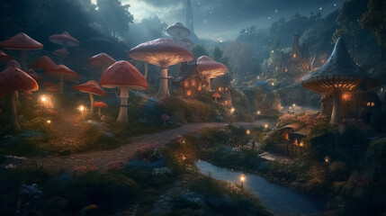village and lights under gorgeous biggest mushroom in the Enchanted Woods - obrazy, fototapety, plakaty