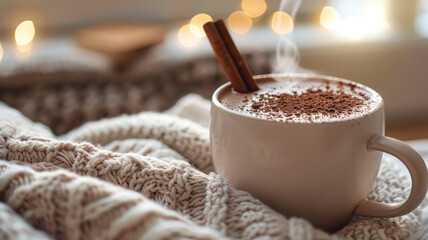 A mug of hot chocolate with cinnamon on a knit blanket. - obrazy, fototapety, plakaty