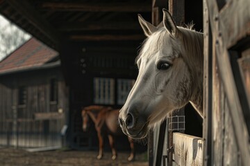Close-up of a horse peering out from a stable, suitable for animal or farm related designs