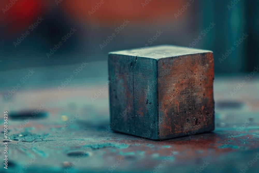 Poster A wooden block sitting on top of a table. Suitable for various concepts