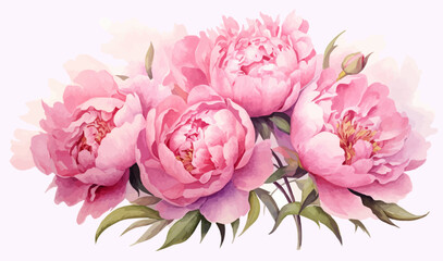 Watercolor pink peony large beautiful flowers print poster vector illustration wedding engagement