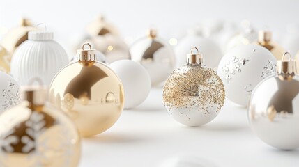 Elegant white and gold Christmas ornaments, perfect for holiday designs
