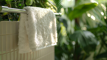 Fresh white towel hanging in a bathroom with plants - obrazy, fototapety, plakaty