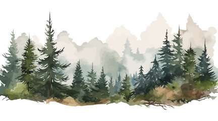 Watercolor mountains spruce trees landscape border, isolated hand drawn, watercolor illustration transparent background