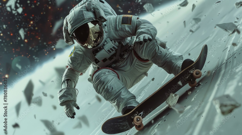 Poster astronaut in space suit skateboarding, suitable for space exploration concepts