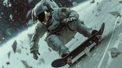Astronaut in space suit skateboarding, suitable for space exploration concepts - obrazy, fototapety, plakaty