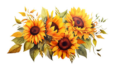 Watercolor illustration sunflowers, summer, autumn yellow, orange flowers, fall