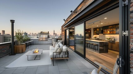 A rooftop patio and an open kitchen with sliding glass doors
