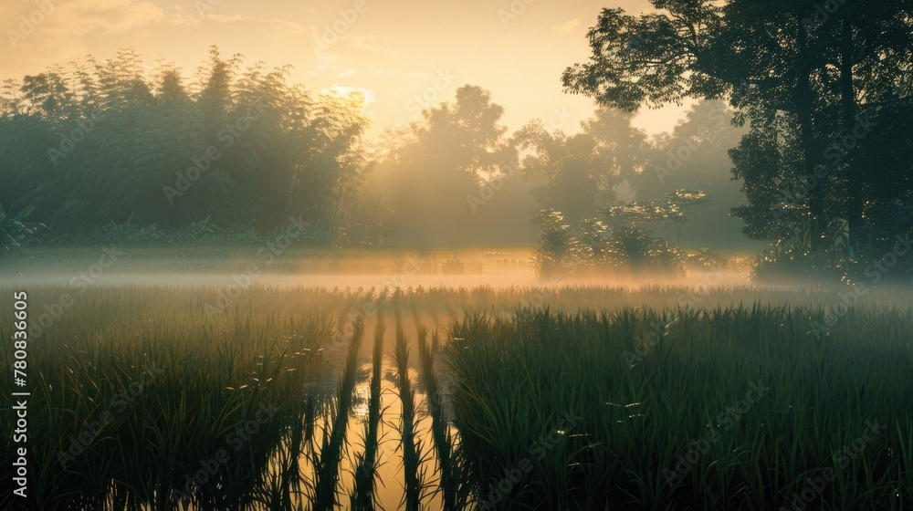 Poster sunlight breaking through foggy mist over calm water. ideal for nature and weather concepts