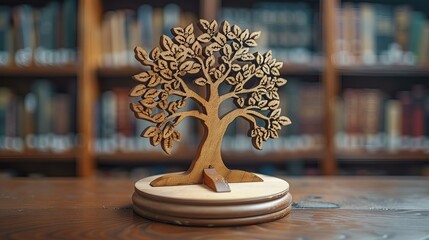 Wooden tree adorned with books against a blurred library background, adding to its flawless appearance. - obrazy, fototapety, plakaty