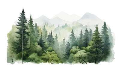Watercolor Forest tree illustration. Mountain landscape. Woodland pine trees. Green Forest.