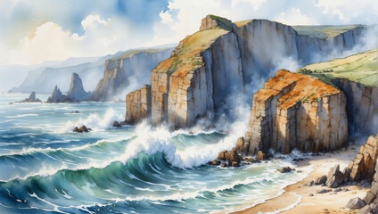 Watercolor scene capturing the rugged beauty of a windswept coastline, with dramatic cliffs and crashing waves.