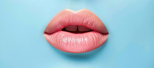 Open female mouth isolated on blue background