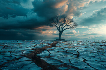 Cracked earth leading to a dying tree under a brooding sky, an image resonating with themes of despair and dramatic environmental change.