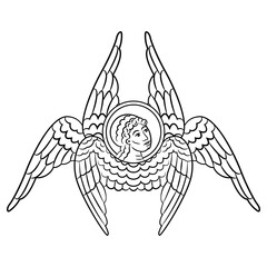 Six winged seraph or seraphim. Christian angel. Medieval Russian religious Orthodox design. Black and white linear silhouette.