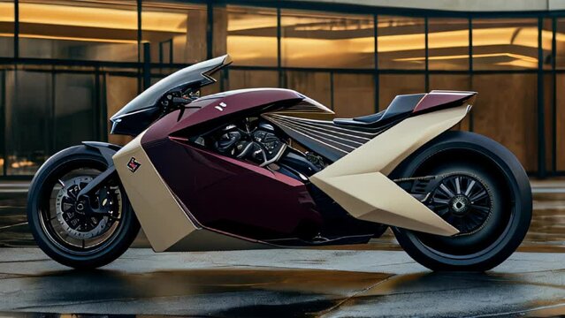 A futuristic motorcycle with a red and tan chassis and wavy shapes is parked in front of a building.