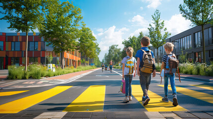 Children walking through pedestrian crossing to the school