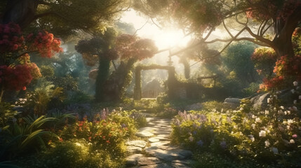 Beautiful Fabulous mystical Paradise Garden, mysterious Fairy Tale Summer floral Background