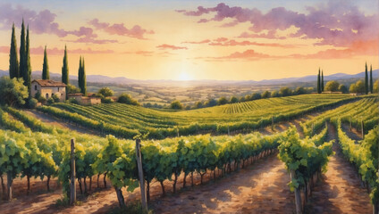 Watercolor scene depicting a lush vineyard at sunset, with rows of grapevines stretching towards the horizon. - obrazy, fototapety, plakaty