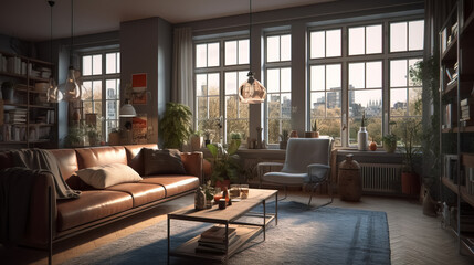 Fototapeta premium An apartment living room filled with furniture and a large window