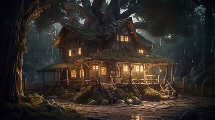 Fantasy house in forest, fairytale home in tree trunk at night
