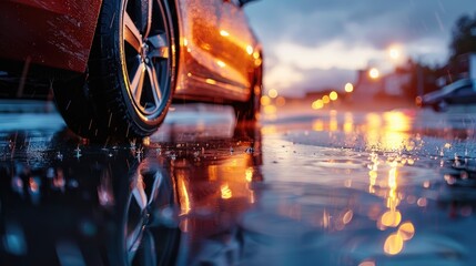Detailed view of a car parked on a rainy street. Suitable for automotive and weather-related projects - obrazy, fototapety, plakaty