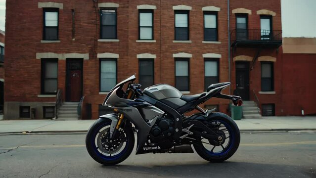 A sporty, gray motorcycle is parked on a city street