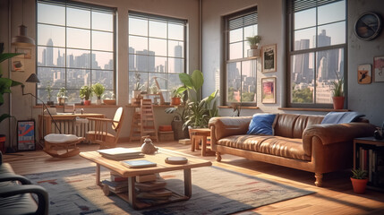 An apartment living room filled with furniture and a large window