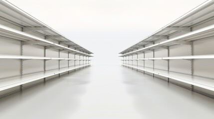 front facing, Photorealistic style image of a empty supermarket shelf facing the viewer, transperant png of grocery empty store shelf, clean display