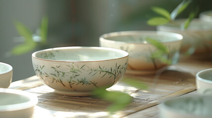 Ceramic bowls on bamboo mat with greenery