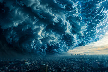 Dark storm clouds gathering over a calm cityscape, illustrating the sudden onset of an emergency. - obrazy, fototapety, plakaty