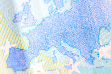 Close-up of a 20 euro banknote fragment with the map of Europe. Macro photography.