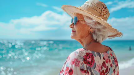 old lady in sundress sees the sea, old woman by the sea on the beach