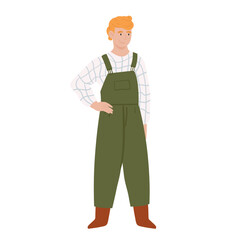 Farmer man in working uniform. Farming activity, harvesting season flat vector illustration