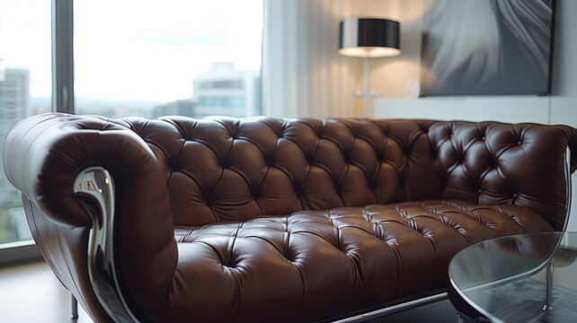 A brown leather chesterfield sofa in a room