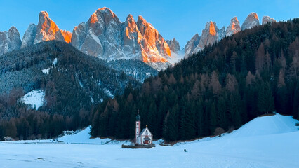 Winter landscape Dolomites Alps Santa Maddalena village Val di Funes valley South Tyrol Italy. - 780838668