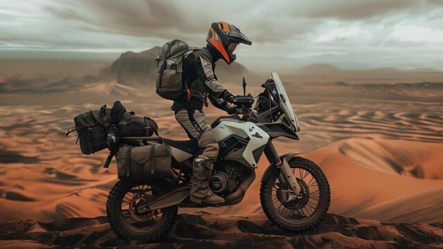 A biker with an enduro motorcycle, riding through the desert.