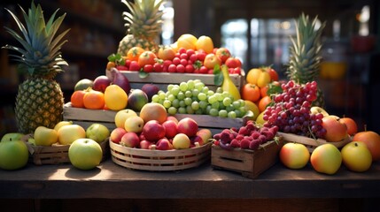 A variety of fresh fruit including apples, pineapples, grapes, and raspberries are displayed in...