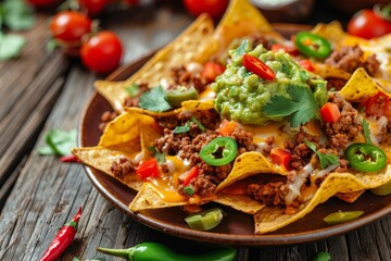 Nachos topped with beef guacamole cheese peppers and cilantro on wooden table