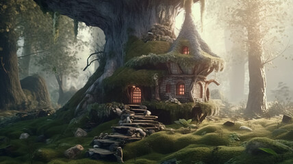 Fantasy house in misty forest, fairy tale hut in tree trunk